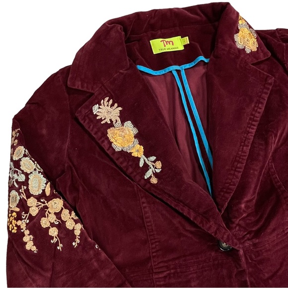 True Meaning size large VINTAGE maroon floral embroidery jacket 1 button closure - Picture 6 of 13